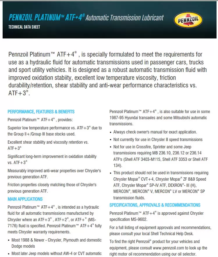  Pennzoil 550042074 Platinum ATF + 4 (Chrysler MS-9602